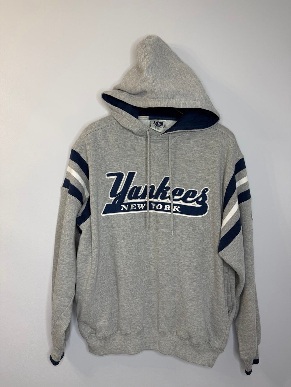 Vintage 90s Lee Sport New York Yankees Hoodie Sweatshirt Striped Gray Y2K Sz M